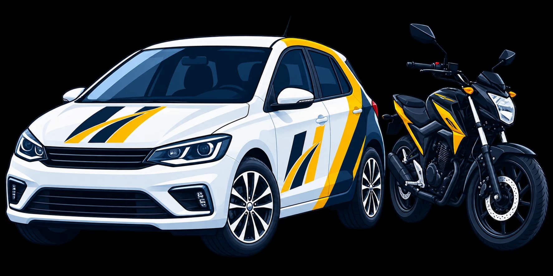 Carro e moto Hércules estacionados ao final da viagem